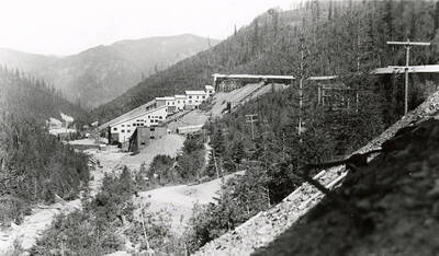 View of the buildings on Jack Waite Mill and the hills surrounding it. The mill is in Duthie, Idaho.