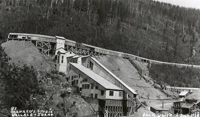 View of the buildings on Jack Waite Mill and the hills surrounding it. The mill is in Duthie, Idaho.