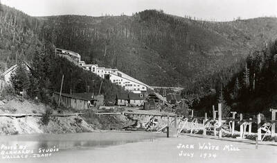 View of the buildings on Jack Waite Mill and the hills surrounding it. The mill is in Duthie, Idaho.