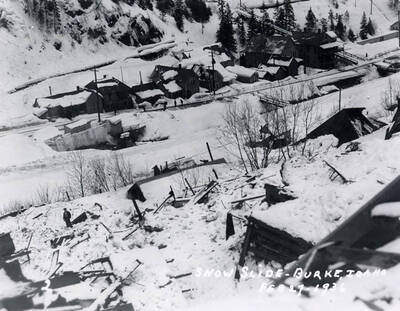 View of the snow slide in Burke, Idaho. Buildings and trees are covered in snow.