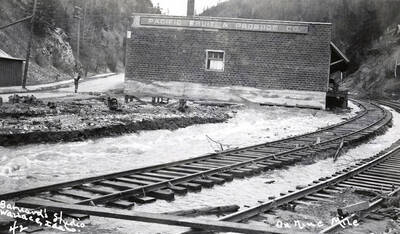 View of the Nine Mile during the Placer Creek flood in Wallace, Idaho.