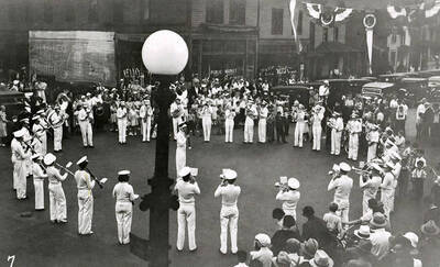 The band performing during the Elks Roundup parade in Wallace, Idaho.