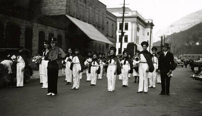 The marching band playing during the Elks Parade in Wallace, Idaho.