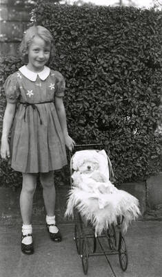 A girl with her pet in a stroller at the Veterans pet parade in Wallace, Idaho.