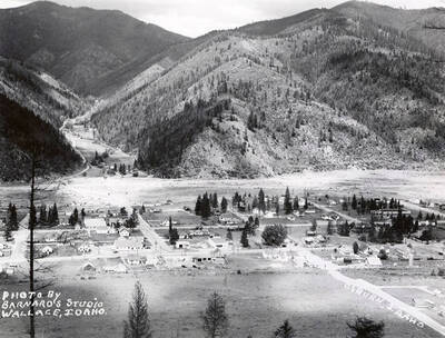 View of Osburn, Idaho. A mountain can seen in the distance.