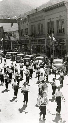 A marching band playing in the Fourth of July Parade in Wallace, Idaho.