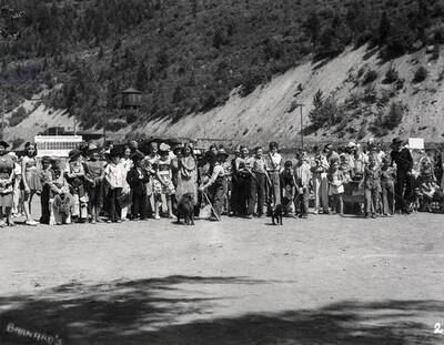 A group photo of children with their pets during the Wallace pet parade in Wallace, Idaho.
