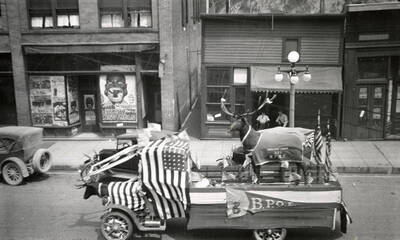 A truck with a deer in the back driving in the Fourth of July Parade in Wallace, Idaho.