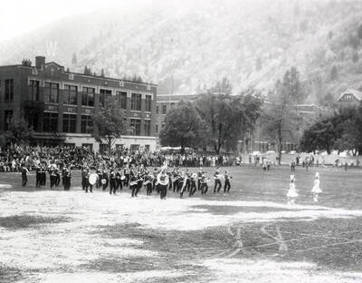 The band on the field, playing during the Wallace-Sandpoint football game.