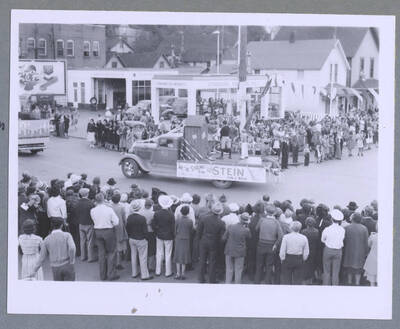 A float with a sign that reads, "We're Strong for Stein" driving along during the Elks Roundup Parade in Wallace, Idaho.