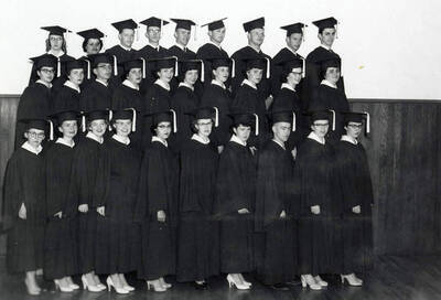 Group photo of the graduating class at Wallace High School in Wallace, Idaho. Back row (left to right): Aljean Wickberg, Violet Ban, Richard Christopherson, Ralph Pribble, Ken Truesdell, Jim Curtis, Bill Jacobson, Bill Lindroos, Terry Murphy. Middle row (left to right): Ruby Raber, Kay Tiffney, Terry Storjohann, Betty Bentham, Christy Terrill, Sara Ann Cooke, Dolores Erickson, Wanda Wolfgram, Mimi Deshler, Lillian Helgeson. Front row (left to right): Barbara Riegel, Gerry Drinnon, Mary Anna Trickey, Carol Anderson, Cecelia Montoya, Charlotte Carlson, Maureen Allen, Don Hogan, Milli Grant, Bette Jane Olson.