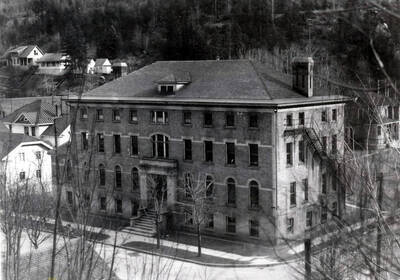 Exterior of the Our Lady of Lourdes Academy building in Wallace, Idaho. The school was founded by the Sisters of Providence in 1906. The high school operated through the 1961-1962 school year; grades 1-6 were offered until 1971.