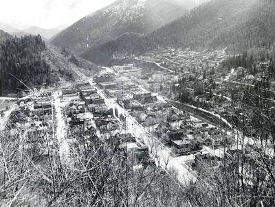 Bird's-eye view of Wallace, Idaho when looking northwest.