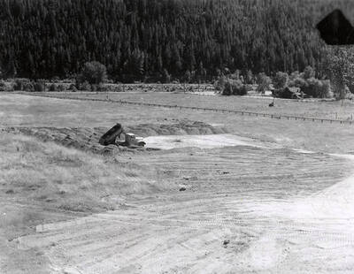 A dump truck working on the construction site at Memorial Field in Wallace, Idaho.