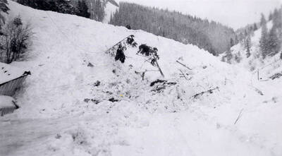 People standing atop the snow slide in historical Yellow Dog, Idaho.