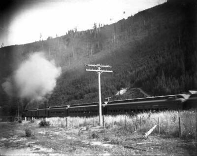 Passenger train speeding through the landscape.