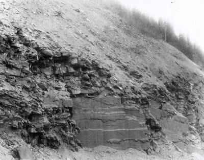 A photograph of an exposed roadside bank. Part of a Colonial Construction Company worksite.