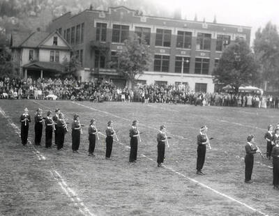 The band on the field, playing during the Wallace-Sandpoint football game.