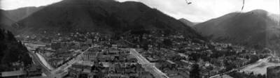 Distant view of the city of Wallace. Panoramic photograph of Wallace, Idaho.