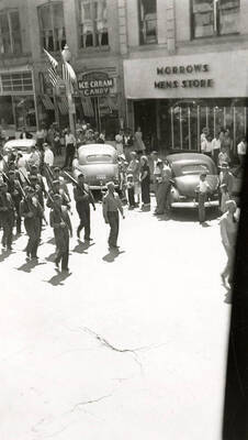 A group of people marching in the Fourth of July Parade in Wallace, Idaho.