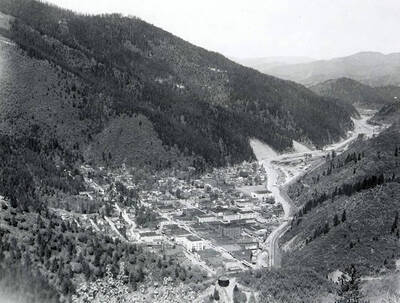 Bird's-eye view of Wallace, Idaho when looking east.