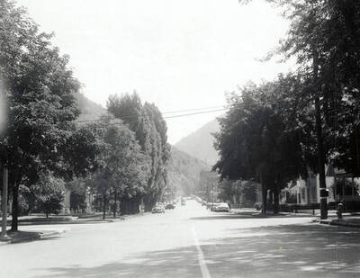 The view looking down Cedar Street. Cars can are parked along the side of the street, in front of businesses.
