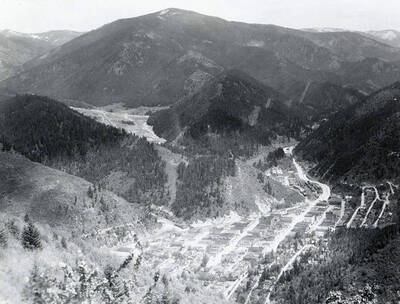 Bird's-eye view of Wallace, Idaho when looking east.