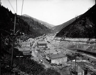 Image is of "The Canyon," near Hecla Mill, Showing two lines of standard gauge railway on 4% grade, two railway spurs and two flumes