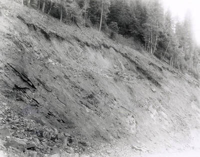 A photograph of an exposed roadside bank. Part of a Colonial Construction Company worksite.