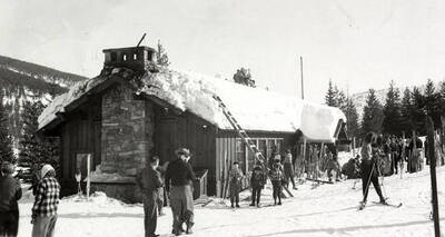 Members of the Idaho Ski Club gathering around the ski lodge at Lookout Pass in Mullan, Idaho.
