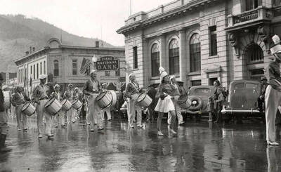 A marching band playing in the Elks parade in Wallace, Idaho.
