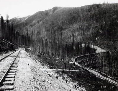 Image shows the "S" railroad trestle bridge near the Coeur d'Alene Cut-Off, above Mullan, Idaho.