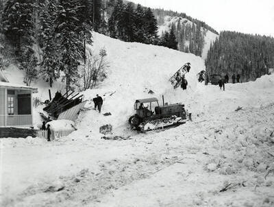 View of the snow slide in Yellow Dog, Idaho. People can be seen standing in the snow.
