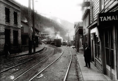 Image looking from in town to the Northern Pacific Railway in Burke, Idaho. Photographs was taken for Mr. Goddard, a N.P. [Northern Pacific] claim agent.