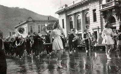 A marching band playing in the Elks parade in Wallace, Idaho.
