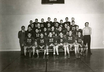 The football team posing for a team picture at Wallace High School in Wallace, Idaho.
