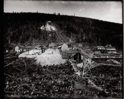 Image of the Snowstorm Mill. This view shows several wooden buildings and a large waste dump. Many tiny tree stumps cover the hillside.