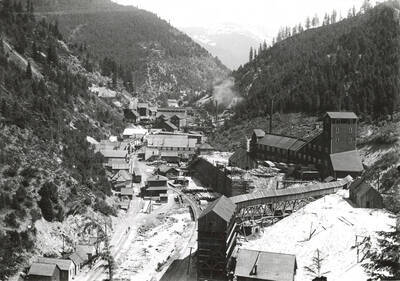 A distant view of Hecla Mine outside of Burke, Idaho. This view is looking up the canyon.