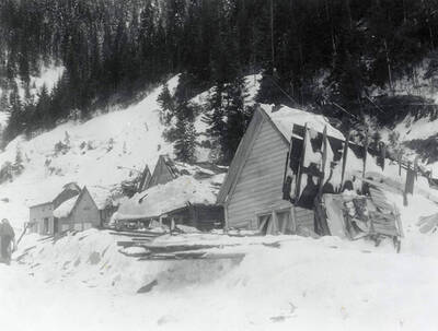 The snow slide that happened near Burke, Idaho on the Wallace side. A few houses can be seen covered in snow.
