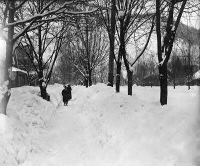 Image shows Cedar Street in winter, looking west, in Wallace, Idaho. Note on back: Snow Scenes June 20, 1913.