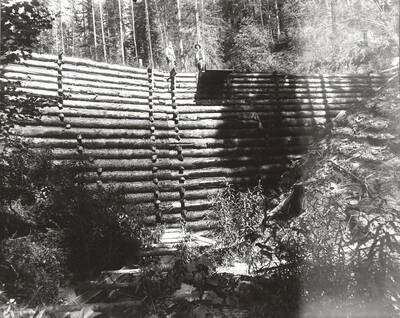 North side, Coeur d'Alene Mining District (Murray area). An unidentified man stands on top of the dam face.