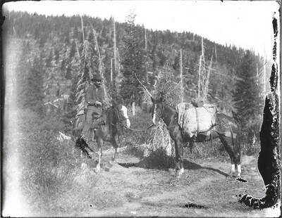 Prospector seated on horse with a pack horse next to him. Slight deterioration of the negative occurred prior to the photograph being printed.