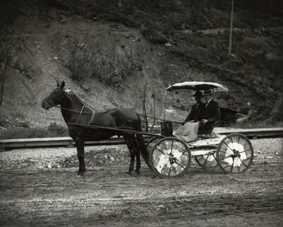 Two men seated on decorated buggy during the 4th of July parade in Wallace, Idaho.