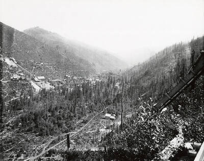 View of the ore chute and flume at the Mother Lode mill, which is located on the north side of the Coeur d'Alene Mining District.