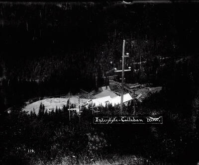 A birds eye view of the Interstate Callahan Mill located northwest of Wallace, Idaho on Nine Mile Creek at sunset.
