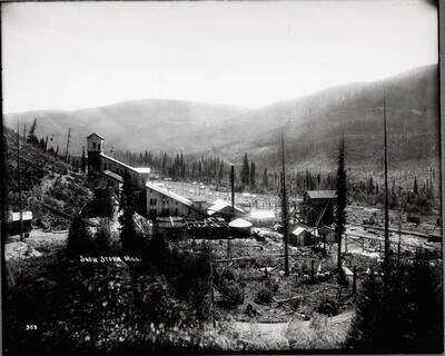 Far view of mill surrounded by burnt trees