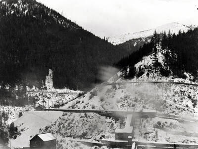 A closer view of a snow covered Marsh Mine near Burke, Idaho.