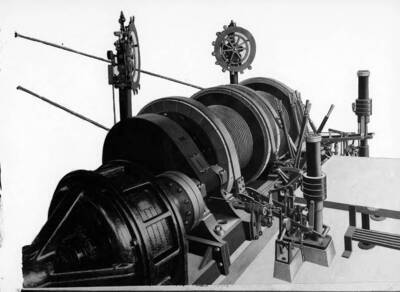 Image is a photograph taken of a conceptual drawing of a 150 Horse Power Hoist for the Coeur d'Alene Hardware and Foundry Company.