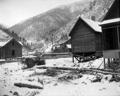 Houses in the winter, in the background there are burnt trees