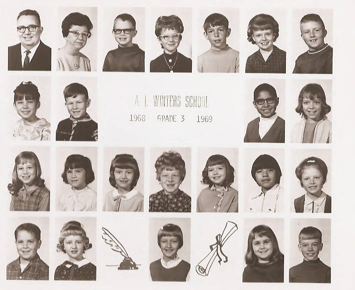 Class composite photographs from A. J. Winters Elementary School, Montpelier, Idaho  Row 1:  Mr. Lewis Teuscher, Mrs. Gwen Sharpe, Kelly Wigington, Rhonda Larsen, Paul Hess, Sheila Black, Kyle Hyde  Row 2:  Debbie Hymas, David Nield, Chris ?, Terri Sorensen  Row 3:  unknown, Penny Stoor, Janet Matthews, Becky Cole, Kandy Bischoff, unknown, Nancy Hymas   Row 4:  Scott Hansen, LaRae Bird, Laura Hayes, Valerie Young, Jeff Schoper